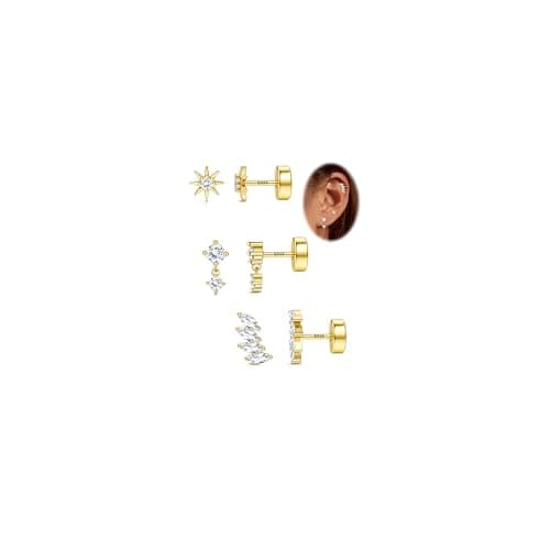 Adramata Boucles d'Oreille Argent 925 Femme + Brillant Cubique + Femme + Bijouterie Accessoire + Piercings Tragus et Hel — Or-Soleil