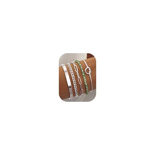 Adramata Chaînes Bijoux Femme Or Acier Inoxydable Plaqué 14K Réglable Imperméable Fantaisie Pierre Naturelle 5 Pièces — Argent-Style Vert