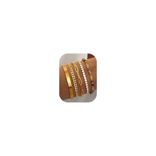 Adramata Chaînes Bijoux Femme Or Acier Inoxydable Plaqué 14K Réglable Imperméable Fantaisie Pierre Naturelle 5 Pièces — Or-Style ColorVert