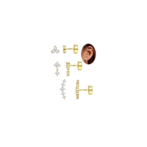 Adramata Boucles d'Oreille Argent 925 Femme + Brillant Cubique + Femme + Bijouterie Accessoire + Piercings Tragus et Hel — Or-3CZ