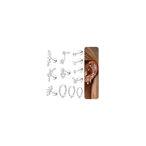 Adramata Acier Inoxydable Piercing Oreille Boucles d'Oreilles Femme - Helix Or Argent Creoles Conch Tragus 12/14Pcs 16G — Coeur d'Argent