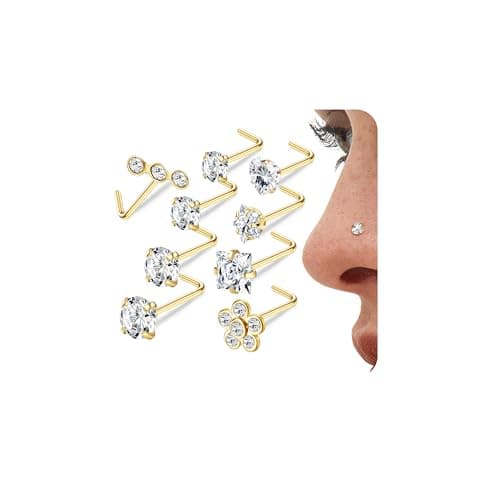 LOLIAS Lot 9 Bouchons Piercing Nez Argentés et Dorés pour Piercing Narine Hommes Femmes | Acier Chirurgical 316L | Ensem — Gold Tone L-forme