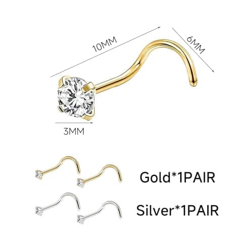 Clous de nez en spirale CHSZSH dorés pour perçage du nez, clous de nez zirconium et acier inoxydable, 2 paires UEFA