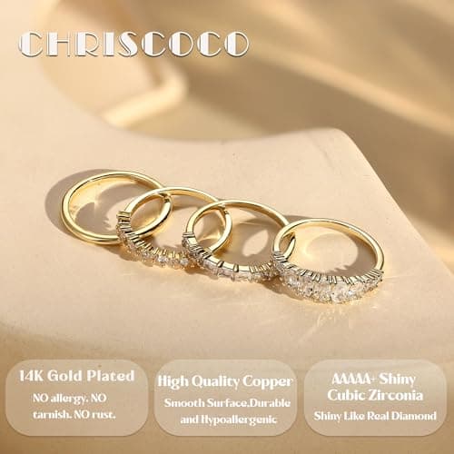 Chriscoco Or Bague Femme 14K Plaqué Zircone Cubique Lot 4 Pc with Presentation Box