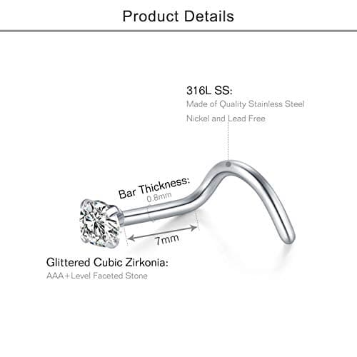 VFUN Piercing Nez Anneaux Acier Chirurgical Femme Noir Diamond CZ Nostril Piercing Argent