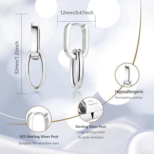 ALEXCRAFT Boucles d'oreille Femme Argent 925 Platine, Créole Double, Boucles d'oreille Pendantes Carré/Ovales/Cœur, Hypo
