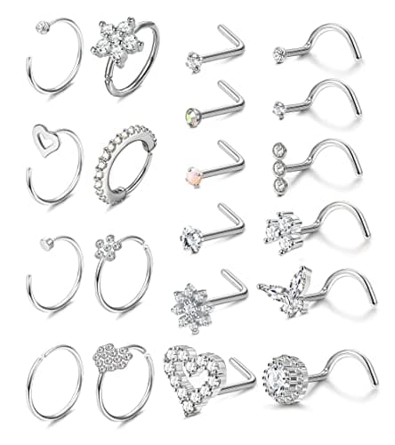 Adramata Nez Anneau Acier Chirurgical pour Femmes et Hommes - 20Pcs 20G Piercing de Nez Anneaux de Lèvres Septum CZ Noir — Argent