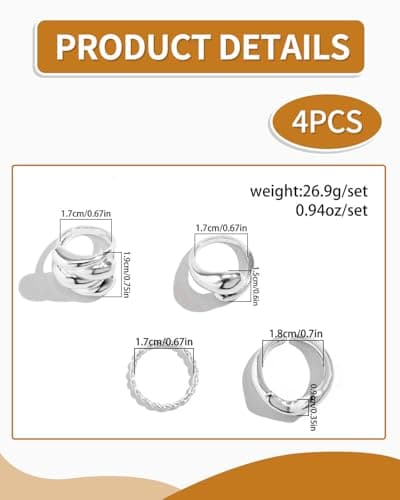 BPTRKOM Épaisses Bagues Délicates en Argent Empilables - Fille, Bijoux Vintage Épaisses Plaquées pour Femmes, 4 Pièces B