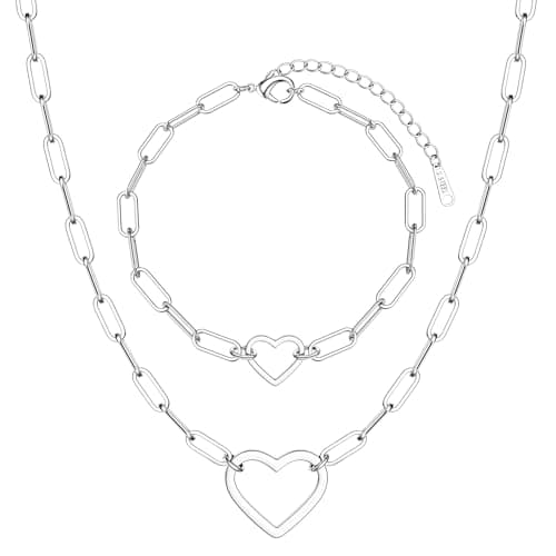 Collier et Bracelets Acier Inoxydable Plaquées Or 18K pour Femme Imperméable Recyclé 100% Chain Argent/Or Reglable Set S