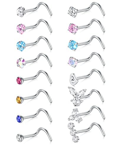 VFUN Piercing Nez Anneaux Acier Chirurgical Femme Noir Diamond CZ Nostril Piercing Argent