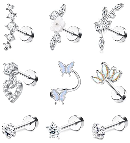 Adramata Oreilles Piercings pour Femme Acier Chirurgical Papillon Fleur Boucles d'Oreilles - Bijoux Tragus Conque Cartil — Argent