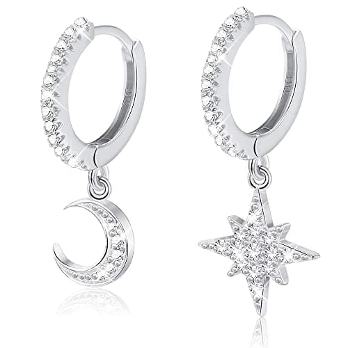 Adramata Boucles D'Oreilles Femme Argent 925 Hypoallergéniques Étoile Lune Boucles D'Oreilles Cartilage Huggie Piercing — Creoles Zircone Cubique, Argent