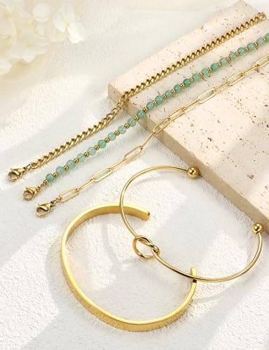 Adramata Chaînes Bijoux Femme Or Acier Inoxydable Plaqué 14K Réglable Imperméable Fantaisie Pierre Naturelle 5 Pièces