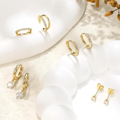 Adramata Boucles d'Oreilles Argent 925 Or 14 Carats pour Femme | Creoles Plaquées Or | CZ Clou d'Oreilles | B Recyclé 10