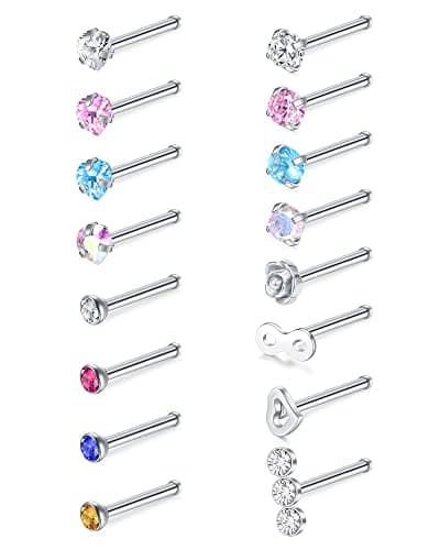 VFUN Piercing Nez Anneaux Acier Chirurgical Femme Noir Diamond CZ Nostril Piercing Argent — Straight