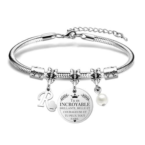 Bracelet Lettre Initiale HEYEJET Personnalisé en Argentpour Femmes et Filles, Mot d'Inspiration, Cadeau Special A-Z — R