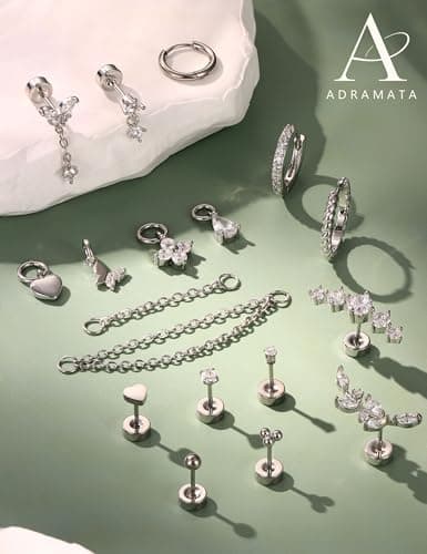Adramata Piercing Oreille Acier Inoxydable Boucles d'Oreilles Femme Or Argent Creoles Petits Piercings avec Breloques St