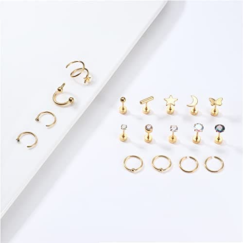 Adramata Piercings G23 Titane pour Femme et Homme - Tragus et Cartilage - 18Pcs - Recycled Claim Standard 100