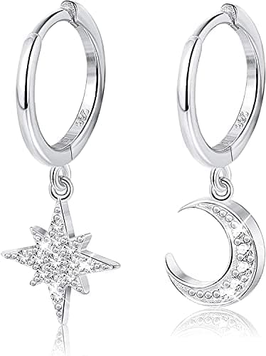 Adramata Boucles D'Oreilles Femme Argent 925 Hypoallergéniques Étoile Lune Boucles D'Oreilles Cartilage Huggie Piercing