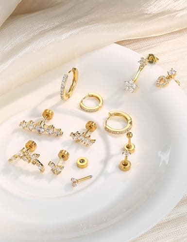 Adramata Acier Inoxydable Piercing Oreille Boucles d'Oreilles Femme - Helix Or Argent Creoles Conch Tragus 12/14Pcs 16G