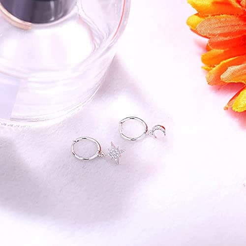 Adramata Boucles D'Oreilles Femme Argent 925 Hypoallergéniques Étoile Lune Boucles D'Oreilles Cartilage Huggie Piercing