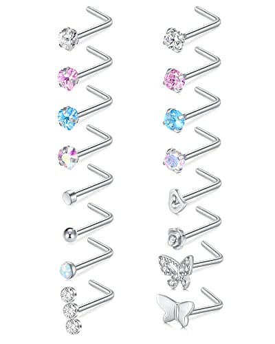 VFUN Piercing Nez Anneaux Acier Chirurgical Femme Noir Diamond CZ Nostril Piercing Argent — L Form