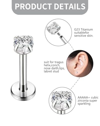 KGDUYC Piercing Labret Argent 2 Pièces G23 Titane Helix Conch Nez CZ Oreilleembedded Medusa Petit Lèvre Filetage Interne