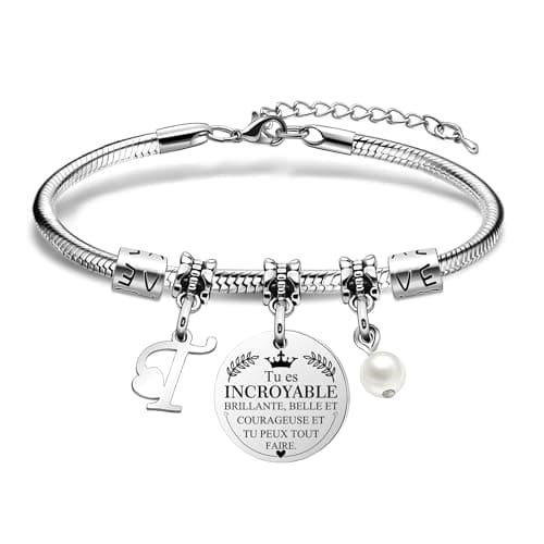 Bracelet Lettre Initiale HEYEJET Personnalisé en Argentpour Femmes et Filles, Mot d'Inspiration, Cadeau Special A-Z — T