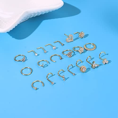 Adramata Nez Anneau Acier Chirurgical pour Femmes et Hommes - 20Pcs 20G Piercing de Nez Anneaux de Lèvres Septum CZ Noir