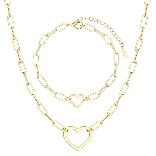 Collier et Bracelets Acier Inoxydable Plaquées Or 18K pour Femme Imperméable Recyclé 100% Chain Argent/Or Reglable Set S — Or