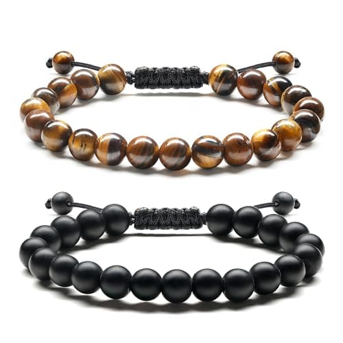Bracelet Adramata Homme Pierre Naturelle 8mm Oeil de Tigre Reglable Bijoux Cadeau Recycled Standard 100 — 2 Pcs Onyx Noir-Oeil de Tigre