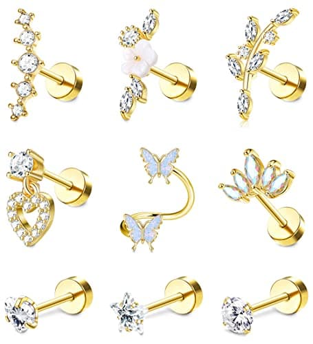 Adramata Oreilles Piercings pour Femme Acier Chirurgical Papillon Fleur Boucles d'Oreilles - Bijoux Tragus Conque Cartil