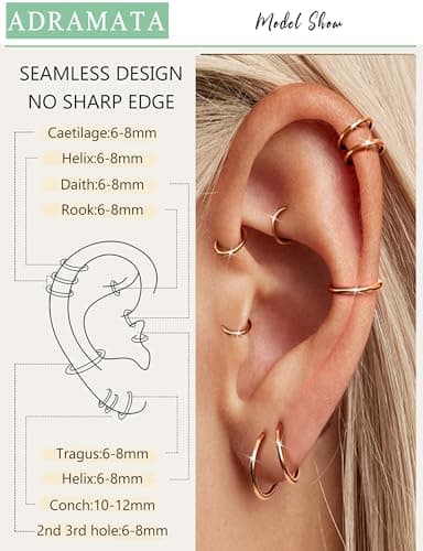 Adramata Piercings 8 Pièces Acier Chirurgical Nez Anneaux pour Hommes Femmes Conch Tragus Daith Rook Piercing Oreille 16