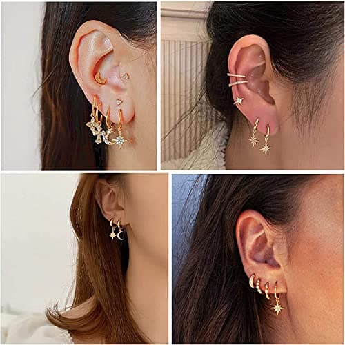 Adramata Boucles D'Oreilles Femme Argent 925 Hypoallergéniques Étoile Lune Boucles D'Oreilles Cartilage Huggie Piercing
