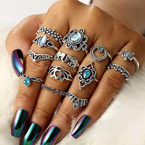 LEEQBCR Bagues en argent avec cristal style bohème pour femme - Lot de 13 -Accessoires de mode chic et tendance