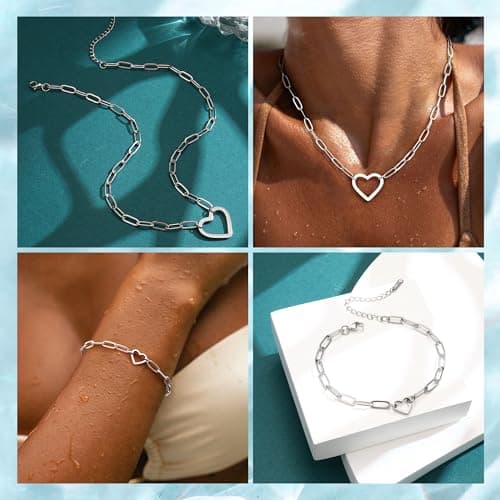 Collier et Bracelets Acier Inoxydable Plaquées Or 18K pour Femme Imperméable Recyclé 100% Chain Argent/Or Reglable Set S