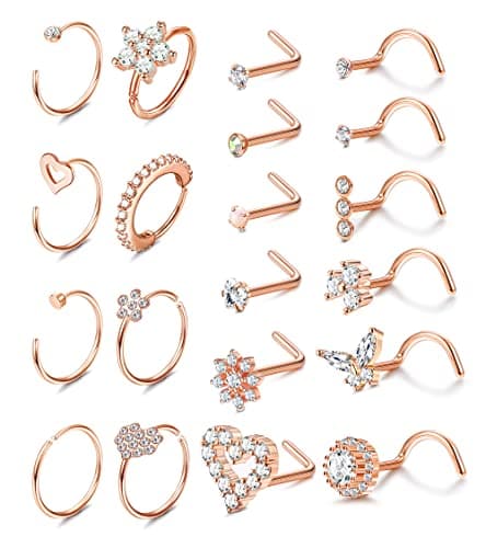 Adramata Nez Anneau Acier Chirurgical pour Femmes et Hommes - 20Pcs 20G Piercing de Nez Anneaux de Lèvres Septum CZ Noir — Or Rose