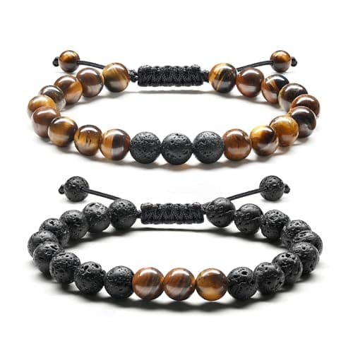 Bracelet Adramata Homme Pierre Naturelle 8mm Oeil de Tigre Reglable Bijoux Cadeau Recycled Standard 100 — 2 Pcs Oeil de Tigre-Pierre de Lave
