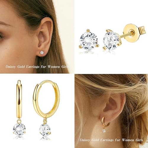 Adramata Boucles d'Oreilles Argent 925 Or 14 Carats pour Femme | Creoles Plaquées Or | CZ Clou d'Oreilles | B Recyclé 10