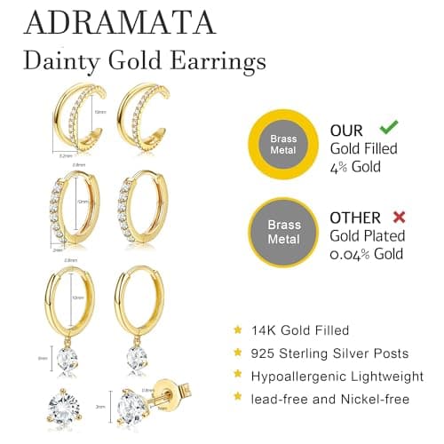 Adramata Boucles d'Oreilles Argent 925 Or 14 Carats pour Femme | Creoles Plaquées Or | CZ Clou d'Oreilles | B Recyclé 10