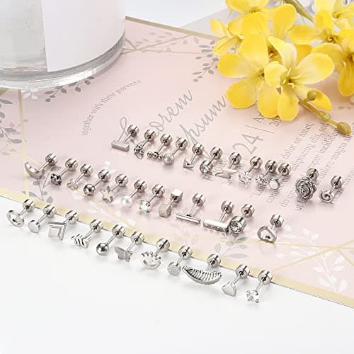 Adramata 36 Pcs Boucles D'Oreilles à Vis Acier Inoxydable pour Femmes et Hommes Mode d'Accessoires de Piercage Recyclés
