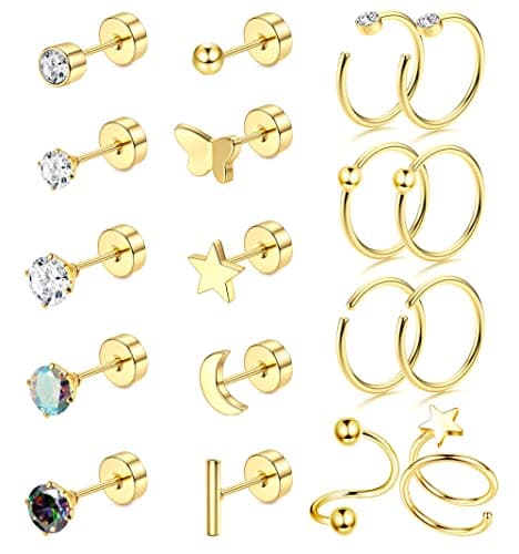 Adramata Piercings G23 Titane pour Femme et Homme - Tragus et Cartilage - 18Pcs - Recycled Claim Standard 100