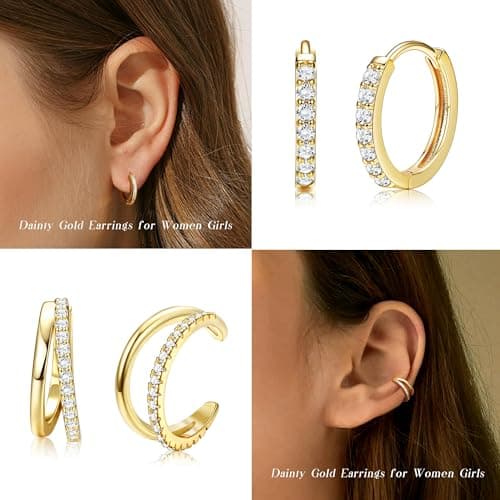 Adramata Boucles d'Oreilles Argent 925 Or 14 Carats pour Femme | Creoles Plaquées Or | CZ Clou d'Oreilles | B Recyclé 10