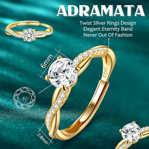 Bague Argent 925 Femme Reglable Zircone Cubique, Alliance Fiançailles Promesse, Cadeau Bijoux Recycled