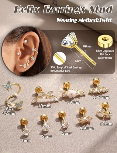 Adramata Oreilles Piercings pour Femme Acier Chirurgical Papillon Fleur Boucles d'Oreilles - Bijoux Tragus Conque Cartil