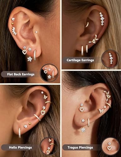 Adramata Acier Inoxydable Piercing Oreille Boucles d'Oreilles Femme - Helix Or Argent Creoles Conch Tragus 12/14Pcs 16G