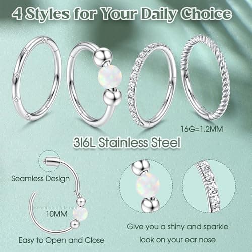JeweBella Anneaux de Piercing Segment Clicker 16G/18G Argent Acier Chirurgical pour Nez et Piercing Septum Lèvre Helix T