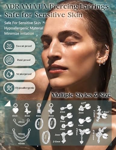 Adramata Piercing Oreille Acier Inoxydable Boucles d'Oreilles Femme Or Argent Creoles Petits Piercings avec Breloques St