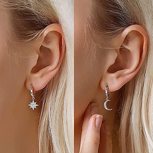 Adramata Boucles D'Oreilles Femme Argent 925 Hypoallergéniques Étoile Lune Boucles D'Oreilles Cartilage Huggie Piercing
