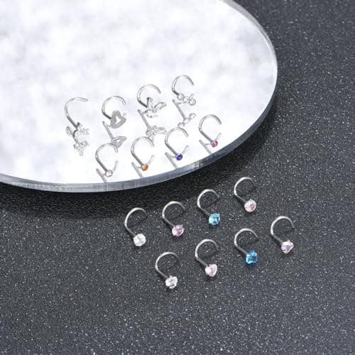 VFUN Piercing Nez Anneaux Acier Chirurgical Femme Noir Diamond CZ Nostril Piercing Argent